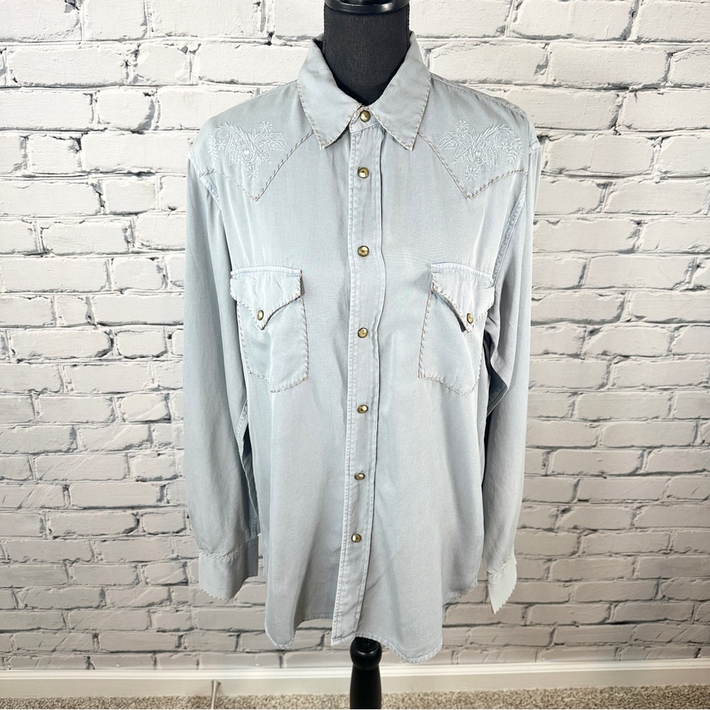Ryan Michael Snap Button Shirt Embroidered Chambray Med Blue Silk Blend Western